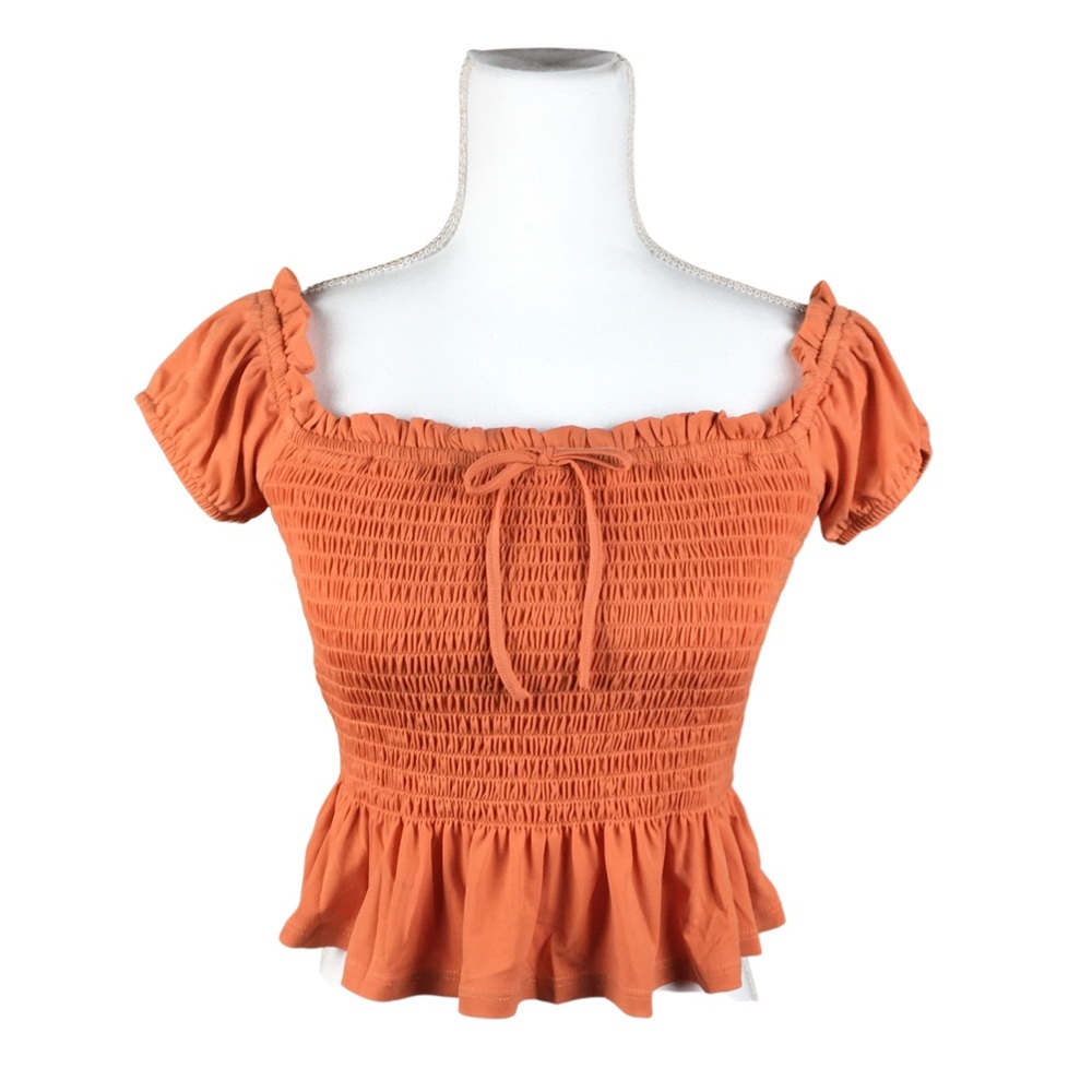 BCBGeneration Papaya Color Off Shoulder Short Sleeve Ruffled Smock Top i…